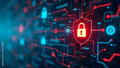 Digital Security System with Red and Blue Circuitry and a Locked Padlock Icon