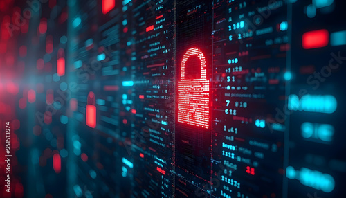 Red Glowing Padlock on a Digital Wall of Code
