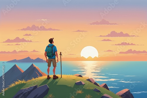 A beautiful sunset sky, showcasing a hiker reaching the mountain top in a scenic outdoor adventure photo