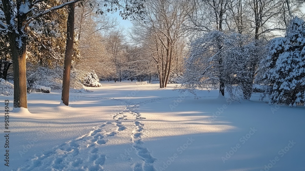 A snowy park scene with untouched snow blanketing the ground, and footprints leading through a peaceful winter wonderland. A snowy park scene with untouched snow blanketing the ground, and footprints leading through a peaceful winter wonderland.
