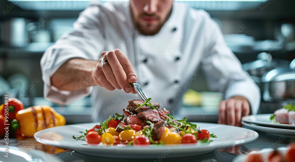 A chef in a professional kitchen plating a gourmet dish with precision. Generative AI. A chef in a professional kitchen plating a gourmet dish with precision. Generative AI.