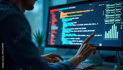 Person analyzing financial data on a computer screen.