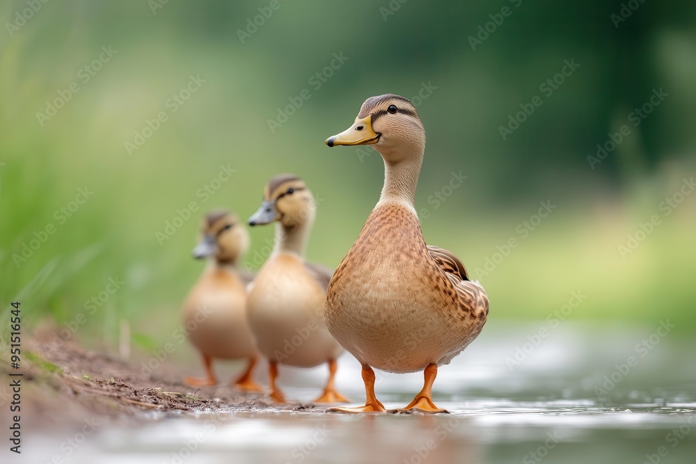 A serene moment featuring a group of ducks strolling along the water's edge, showcasing their charming beauty in nature. A serene moment featuring a group of ducks strolling along the water's edge, showcasing their charming beauty in nature.