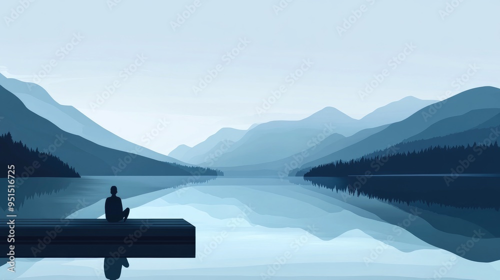 A single person sits on a dock overlooking a serene lake with mountains and forest in the background. A single person sits on a dock overlooking a serene lake with mountains and forest in the background.