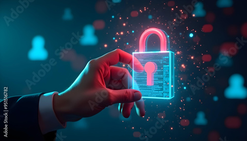 Hand Holding a Digital Lock with Glowing Particles in the Background