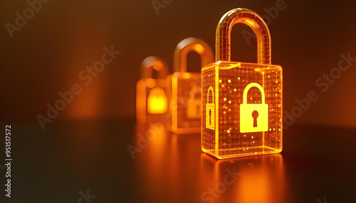 A row of glowing glass padlocks on a dark surface