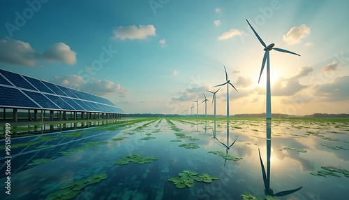Solar Panels and Wind Turbines Reflecting in Still Water