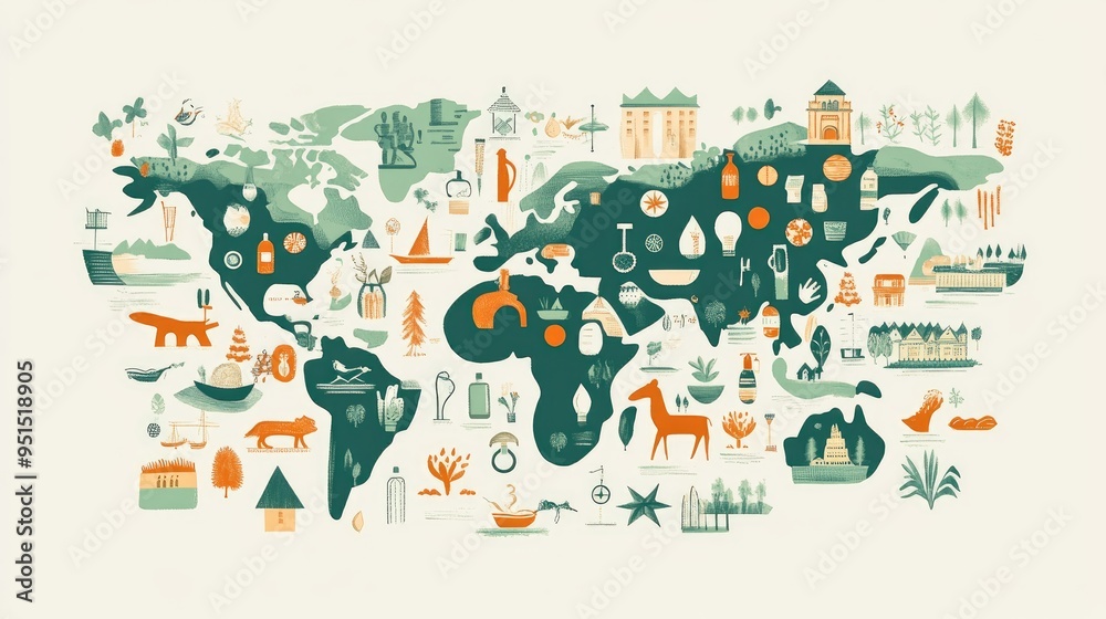 A whimsical illustrated world map with various icons representing different countries and cultures. A whimsical illustrated world map with various icons representing different countries and cultures.