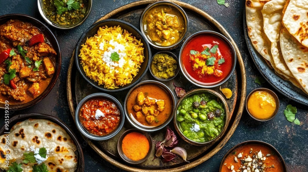 A traditional Indian thali with a variety of vegetarian dishes, showcasing the diversity and richness of Indian cuisine. A traditional Indian thali with a variety of vegetarian dishes, showcasing the diversity and richness of Indian cuisine.