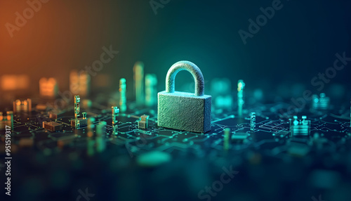 Metallic Padlock on Abstract Circuit Board Background