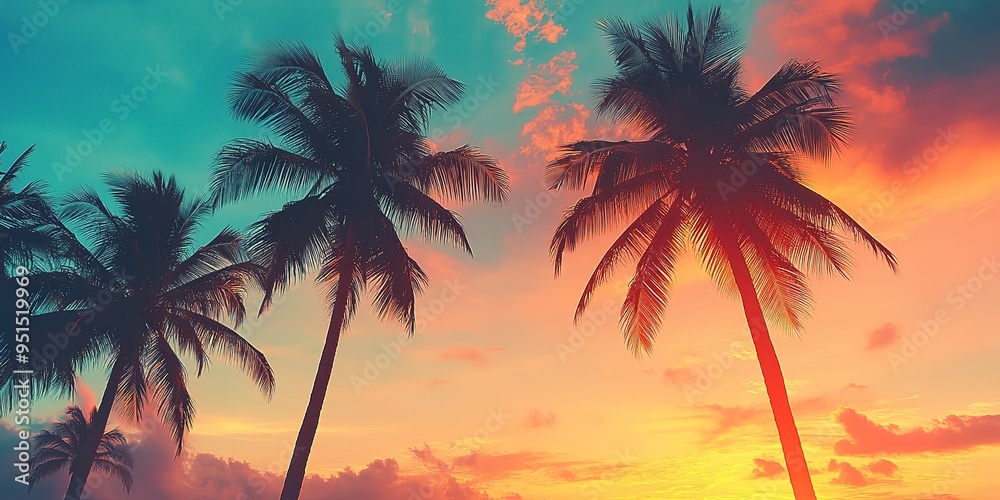 Transport yourself to a serene oasis with this vintage-inspired image capturing the beauty of palm trees against a backdrop of a stunning sunset Transport yourself to a serene oasis with this vintage-inspired image capturing the beauty of palm trees against a backdrop of a stunning sunset
