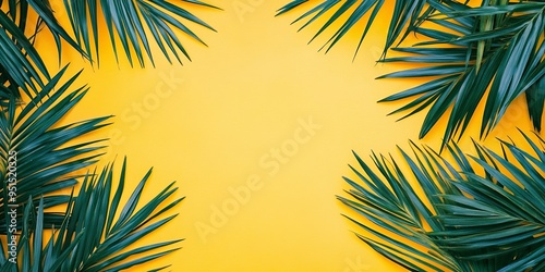 Close-up of tropical palm leaves creating a natural frame against a vibrant yellow background, emphasizing the contrast of colors and textures 