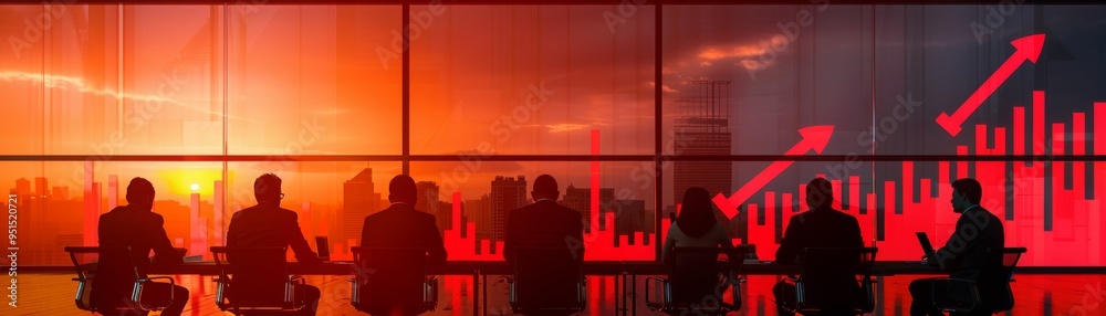 Businesspeople in a boardroom with red arrows pointing down, price drop business, corporate financial crisis concept Businesspeople in a boardroom with red arrows pointing down, price drop business, corporate financial crisis concept