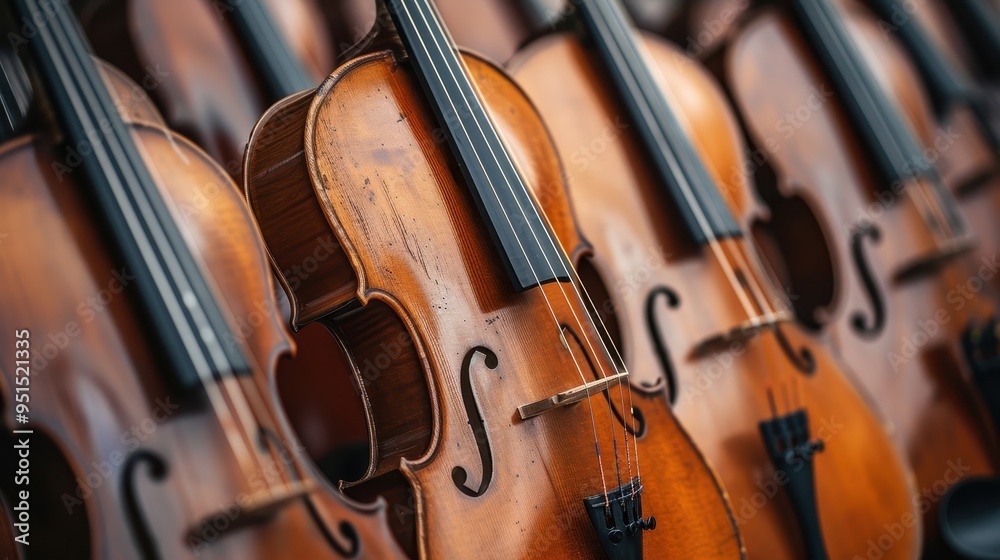 A Symphony of Strings: A close-up, artistic composition of polished violins lined up in a row, their rich brown wood and gleaming strings ready to create harmonious music. A Symphony of Strings: A close-up, artistic composition of polished violins lined up in a row, their rich brown wood and gleaming strings ready to create harmonious music.
