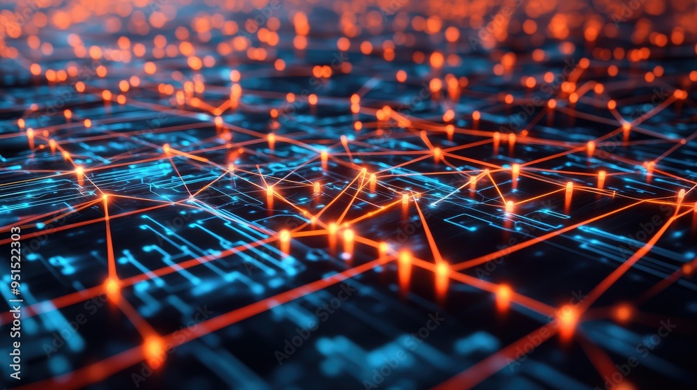 Obraz premium A wide-format illustration of a complex digital network, with glowing nodes and lines representing global data connectivity.