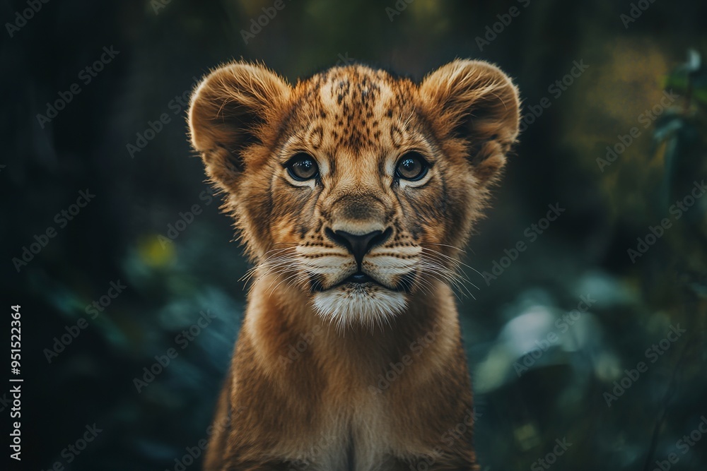 Obraz premium adorable lion cub with captivating golden fur, showcasing the pure essence of wildlife.