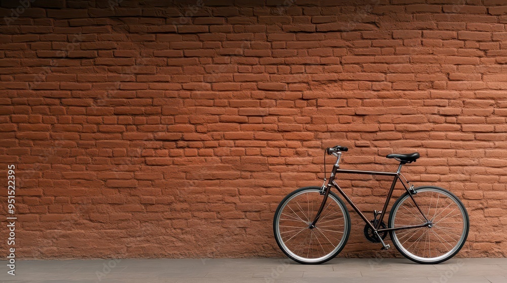 A sleek black bicycle stands against a rustic brick wall, showcasing urban design and style in a minimalist setting. A sleek black bicycle stands against a rustic brick wall, showcasing urban design and style in a minimalist setting.