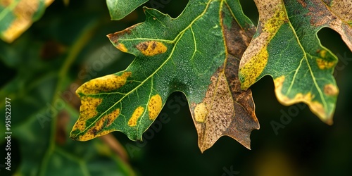 Detailed view of leaves affected by oak wilt, characterized by a rapid wilting and discoloration starting from the edges