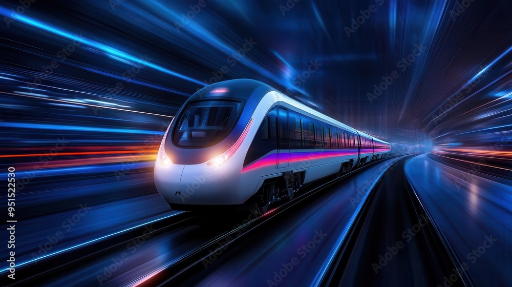 A sleek train speeding through a vibrant, illuminated landscape, showcasing speed and modern technology in motion. A sleek train speeding through a vibrant, illuminated landscape, showcasing speed and modern technology in motion.