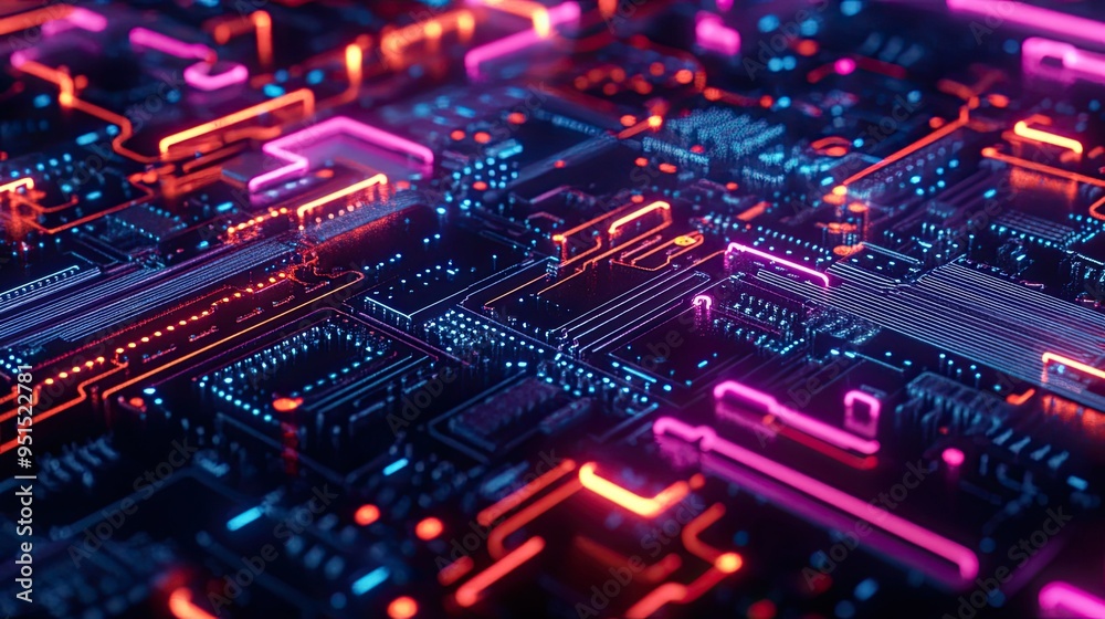 Abstract image of a high-tech circuit board, with neon pathways and digital connections, representing cutting-edge technology. Abstract image of a high-tech circuit board, with neon pathways and digital connections, representing cutting-edge technology.