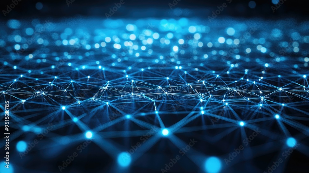 Obraz premium Abstract blue digital network with interconnecting nodes and lines, symbolizing global cyber connectivity and social networks in a 3D rendering.
