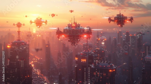 Futuristic Drones Over Cityscape at Sunset Generative AI