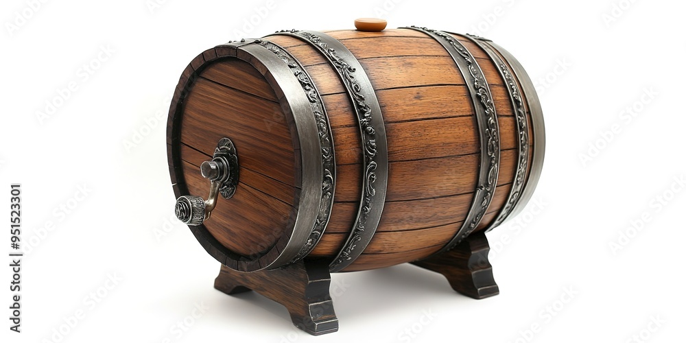 A crafted wooden barrel, with sturdy metal bands, rests atop an elegant stand on white background A crafted wooden barrel, with sturdy metal bands, rests atop an elegant stand on white background