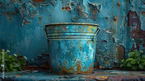 Rusted Metal Bucket on a Weathered Background