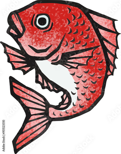 鯛　魚　和風　版画　墨絵　切り絵　水彩　手描き　イラスト素材