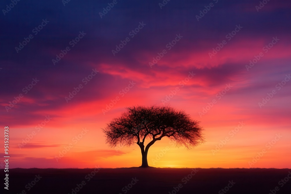 A solitary tree silhouetted against a stunning sunset with vibrant hues of pink, orange, and purple in the sky.