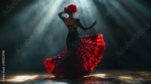 Flamenco dancer on stage. Stage lights, long dress, beautiful woman photo