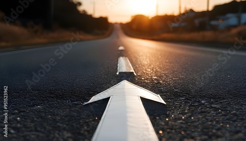 Low angle photography of a white arrow on the asphalt road during the sunset. Straight ahead way concept, path to success direction, business career future guidance, journey to the destination
