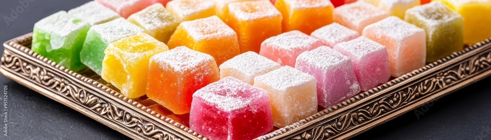 Authentic Turkish delight sweets in a variety of flavors, dusted with powdered sugar, displayed in an ornate tray, cultural dessert
