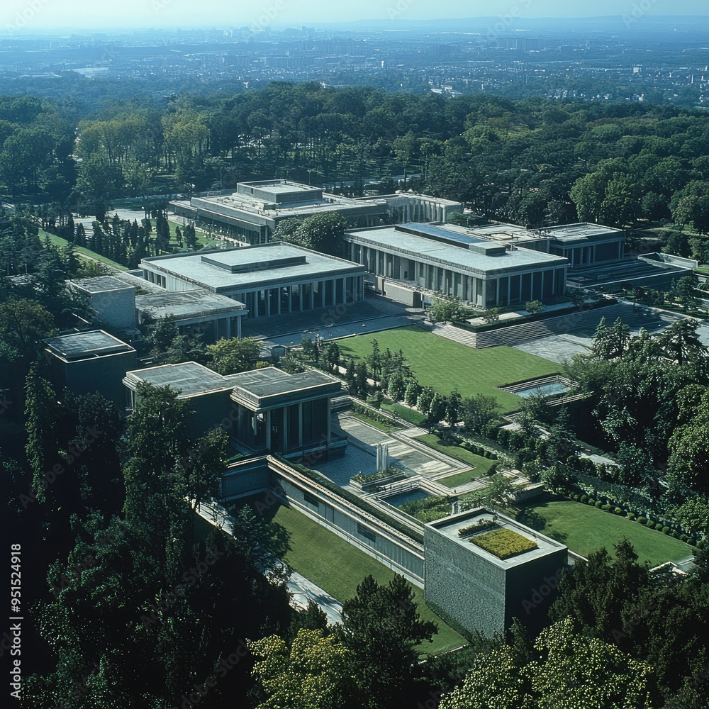 Fototapeta premium Aerial view of an embassy complex, showing the main building, surrounding security features, and landscaped grounds