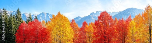 Autumn colors in Alpine forest, vibrant red and orange leaves create a striking contrast with evergreen trees