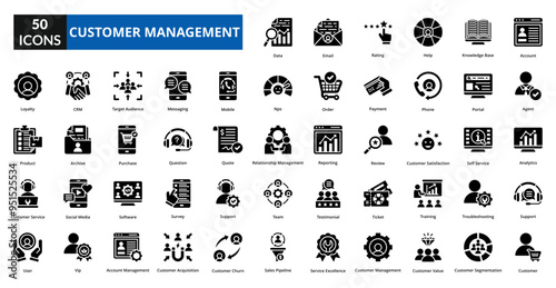 customer management icon set collection. account, agent, analytics, support, customer, data, email, rating, help, knowledge base