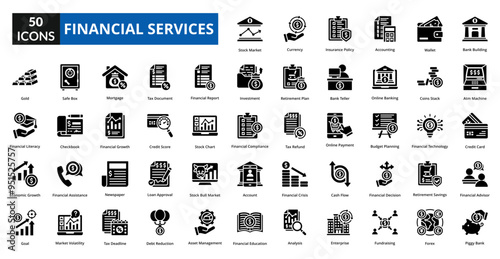 financial services icon set collection. bank building, atm machine, credit card, financial advisor, piggy bank, stock market, currency, insurance policy, accounting, wallet