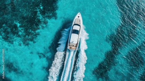 An aerial drone view of a white speedboat cruising through the turquoise waters of the ocean, leaving a trail of waves behind.