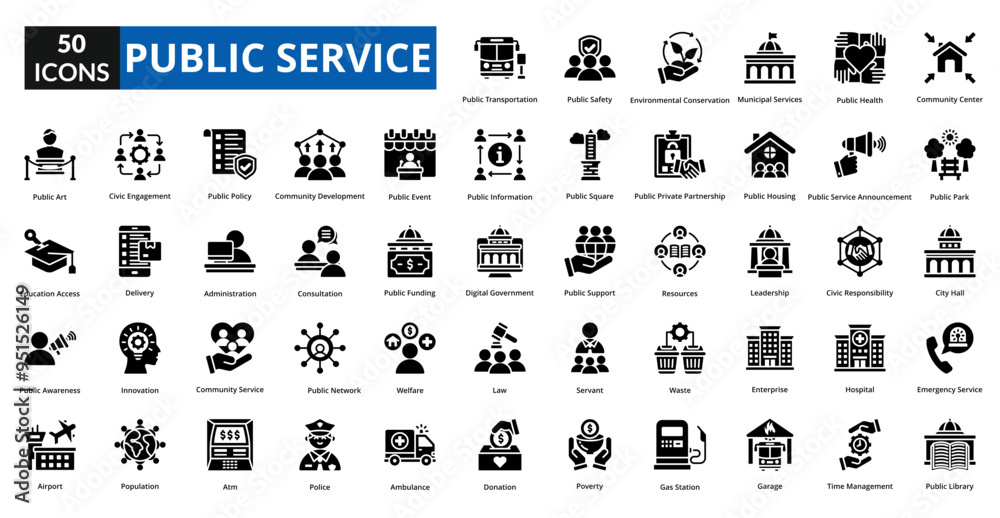 public service icon set collection. community center, public park, city hall, emergency service, public library, public transportation, public safety, environmental, municipal services, healthcare
public service icon set collection. community center, public park, city hall, emergency service, public library, public transportation, public safety, environmental, municipal services, healthcare