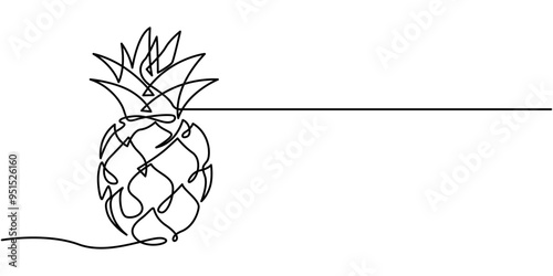 one continuous drawn line of pineapple drawn from the hand a picture of the silhouette. Line art. tropical fruit pineapple, Single continuous line drawing whole healthy pineapple organic for orchard