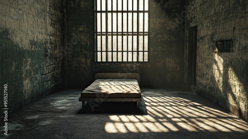An empty prison cell interior with a small bed and a barred window, casting shadows on the cold, bare floor, creating a sense of isolation.