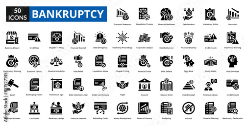 bankruptcy icon set collection. Recession, Insolvency Warning, Debt Overload, Credit Default, Bankruptcy Declaration, Economic Downturn, Liquidation Process, Financial Meltdown, Debt Burdens
