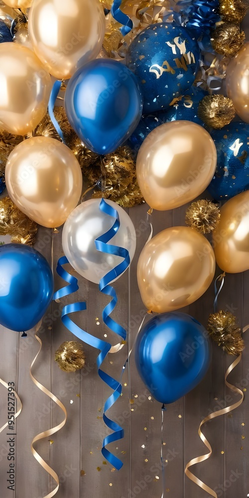 Colorful blue and gold balloons with confetti, perfect for celebrations, decorations, banner, card Colorful blue and gold balloons with confetti, perfect for celebrations, decorations, banner, card