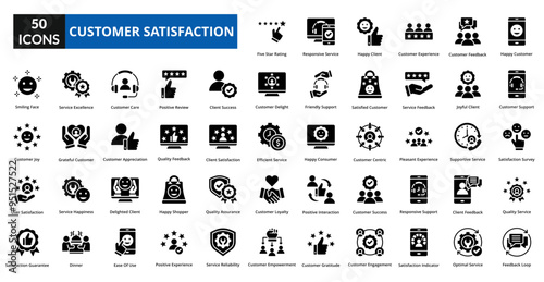 customer satisfaction icon set collection. Happy Customer, Customer Support, Satisfaction Survey, Quality Service, Feedback Loop, Five Star Rating, Responsive Service, Customer Experience

