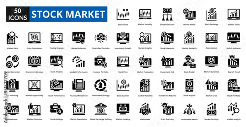 stock market icon set collection. Market Trend, Bullish Indicator, Bearish Trend, Stock Portfolio, Market Analysis, Stock Chart, Market Volatility, Dividend, Income, Market Watch, Stock Exchange
