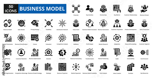 business model icon set collection. Revenue Stream, Value Proposition, Customer Segment, Cost Structure, Key Resources, Channels, Key Activities, Partnerships, Key Metrics, Customer Relationships
