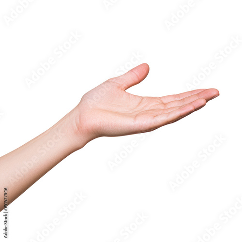 Open hand facing upward, showing a gesture of offering or receiving. The palm is extended with fingers slightly curved. Isolated on transparent background, png.