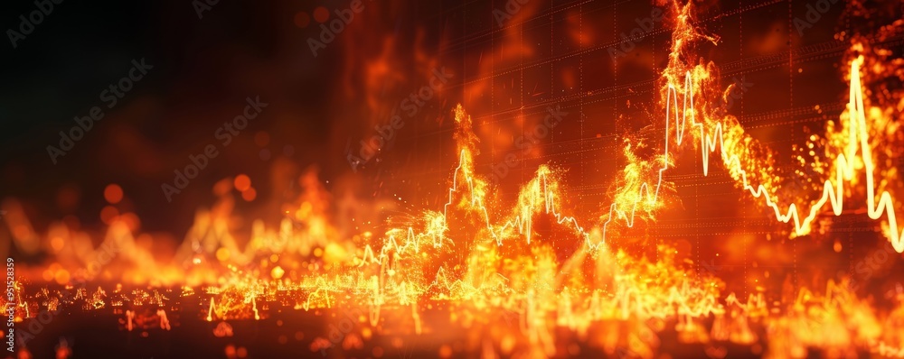 Dramatic image of financial graphs in flames, symbolizing a market crash and price drop Dramatic image of financial graphs in flames, symbolizing a market crash and price drop