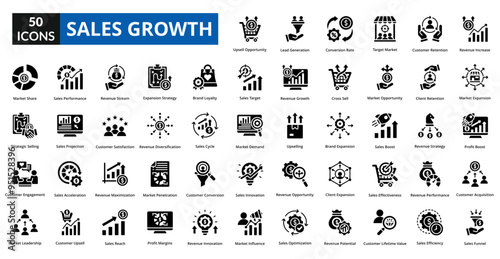 sales growth icon set collection. Revenue Increase, Market Expansion, Customer Acquisition, Sales Funnel, Upsell Opportunity, Lead Generation, Conversion Rate, Target Market, Customer Retention
