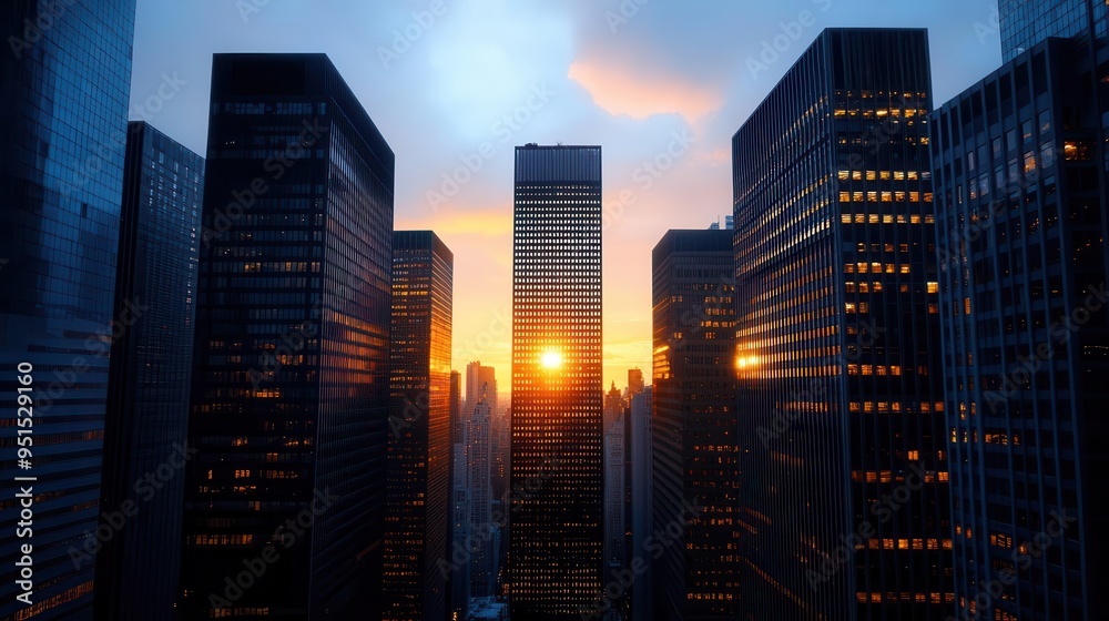 Fototapeta premium A stunning sunset amidst modern skyscrapers, casting a warm glow over the urban skyline, symbolizing hope and tranquility.